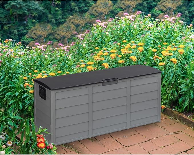 ALIMORDEN Lightweight Resin Deck Box for Patio Furniture, Pool Accessories, and Storage for Outdoor Toys,Large Bin Store Backyard, Home Organization,Grey