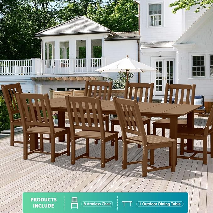 LOUNZY 9 Pieces Patio Dining Sets, Outdoor HDPE Furniture Set for 8 w/ 2" Hole Cut-Out Dining Table with 8 Armless Patio Chairs for Pool, Lawn and Garden,Brown