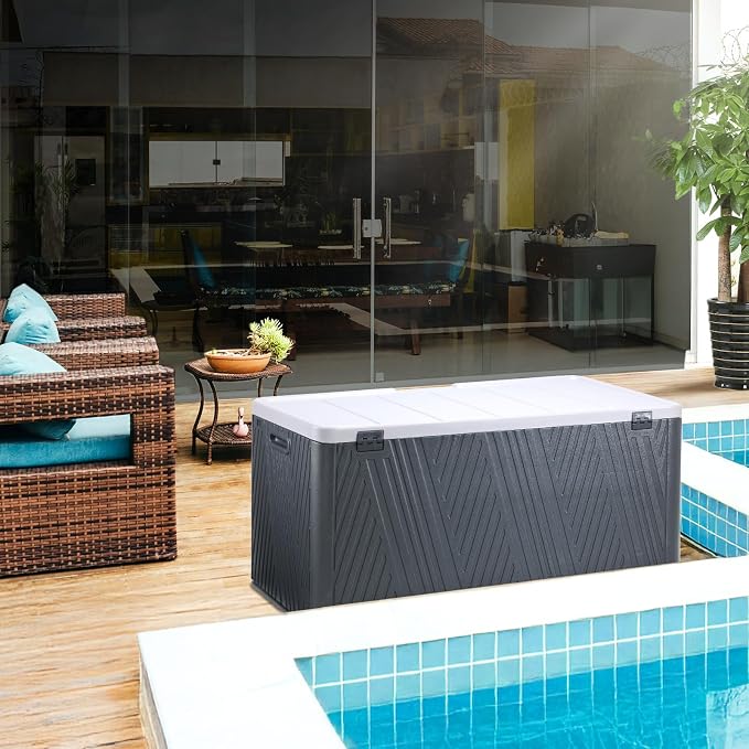 Aoodor 85 Gallon Deck Box, Outdoor Storage Box, Waterproof & Weather-Resistant Lockable, Patio Bench Storage Box for Cushion, Garden Tools, Black
