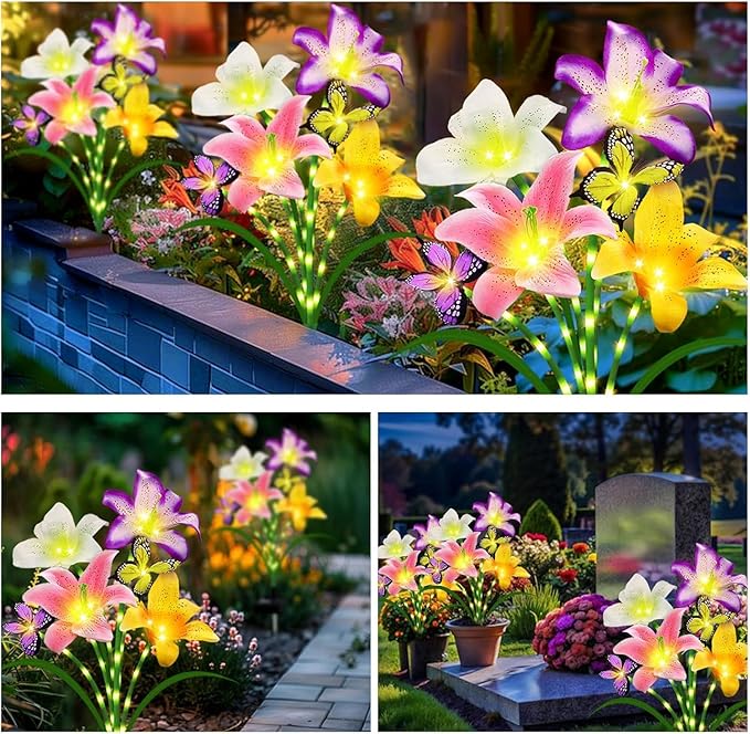 Solar Lights Outdoor, Gift for Women Mom Grandma Wife, 6 Pack 24 Solar Lily Flower Lights With 16 Butterfly Decor Solar Flower Lights Waterproof Outside Decor Stake Light for Landscape Yard Patio Lawn