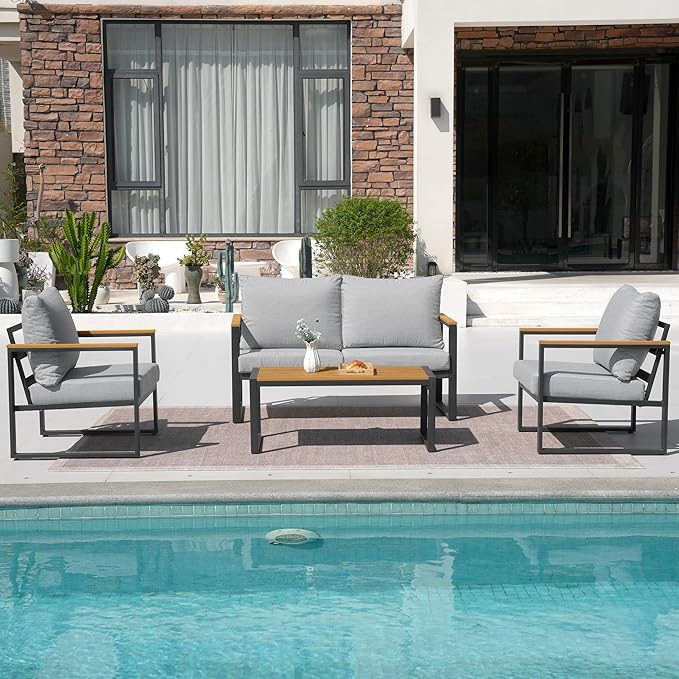 Patio Furniture Set, 4 Pieces Outdoor Patio Furniture with Coffee Table Set, Metal Patio Conversation Sets with Washable and High-Resiliency Sponge Cushions, Upgarded Light Grey