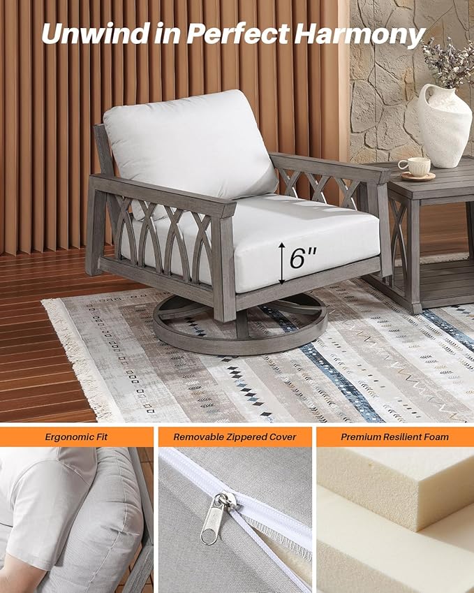 3-Piece Aluminum Swivel Patio Furniture Set, Outdoor Patio Bistro Set with 2 Swivel Sofa Armchairs and Side Table, Rustproof Patio Conversation Set with Cushions for Deck, Balcony, Limed Oak