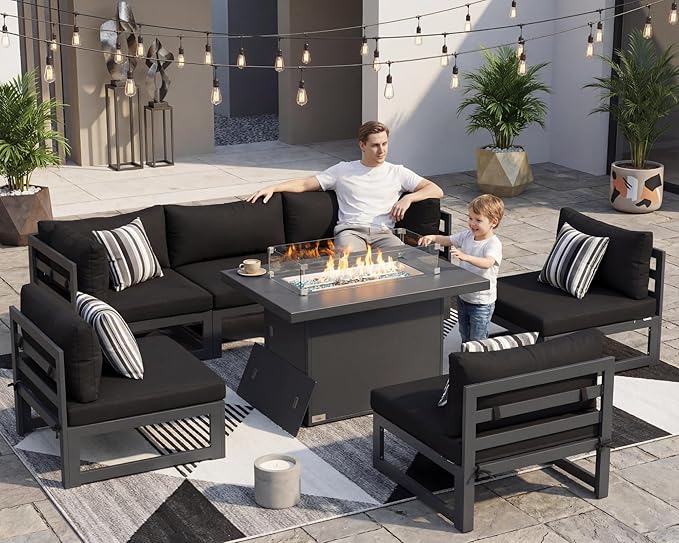 NICESOUL 7 Pcs Aluminum Black Outdoor Sectional with Firepit, All Weather Patio Furniture Set with Deep Seat, Contemporary L-Shaped Modular Large Conversation Set for Garden Poolside, Seats 6, Black
