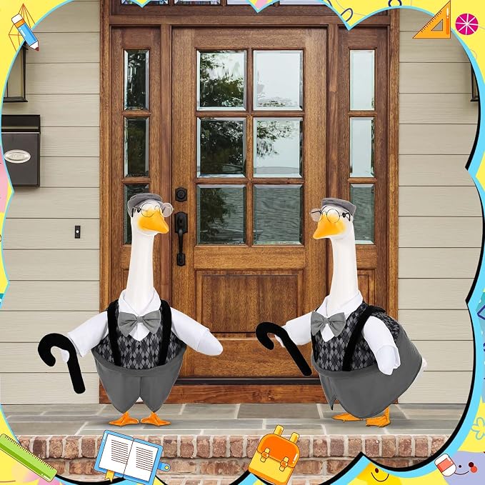 Old Man Goose Outfits Porch Goose Clothes Fits 23" Cement Plastic Goose Statue Grandpa Goose Outfit with Wig Glasses Pearl Necklace for School Outdoor Garden Lawn Yard Patio Art Decor (Style2)