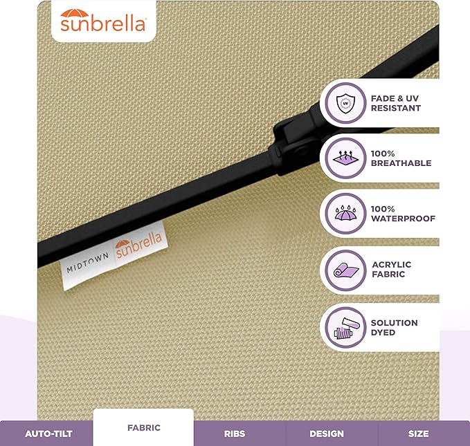 Midtown Umbrellas - The Lean 8 Ft Patio Umbrella with Fade-Resistant Sunbrella Fabric, Auto-Tilt Aluminum Frame and 8 Reinforced Ribs for Deck, Pool & Garden - Antique Beige Canopy, Black Pole
