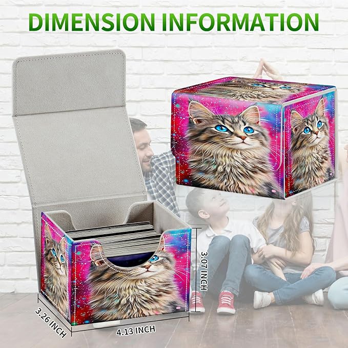 Card Deck Box for MTG, Cards Storage Box Fits 120+ Sleeved, Leather Small Size Strong Magnetic Closing Card Case for Board Games Magic TCG CCG Baseball Collection, Cute Blue Eyed Cat