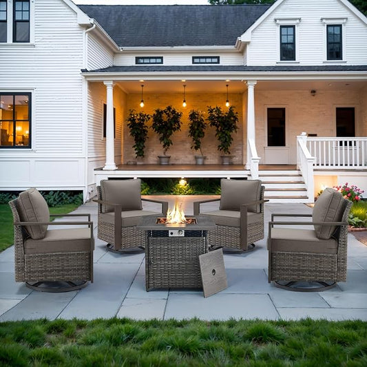 Belord Social 5 Pieces Patio Furniture Set - Swivel Rocker Glider Outdoor Chairs Set of 4 with 50000BTU Propane Fire Pit Table, Durable Wicker Outdoor Conversation Set for Casual Gathering
