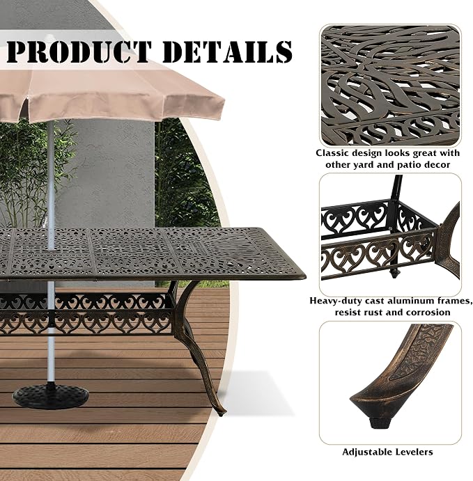MAGIC UNION 9 Pieces Outdoor Dining Set, Cast Aluminum Retro Patio Dining Set Includes 87" Rectangular Dining Table with Umbrella Hole and 8 Stackable Dining Chairs with Cushions (Khaki)