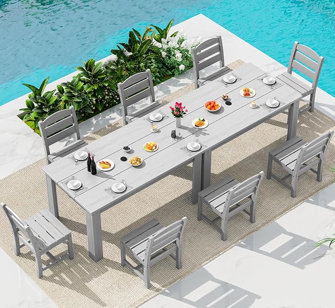 SERWALL 59" Patio Dining Set for 8, HDPE Dining Set, Light Gray | Include 2 Rectangular Tables and 8 armless Chairs, All Weather Dining Sets for Garden, Backyard