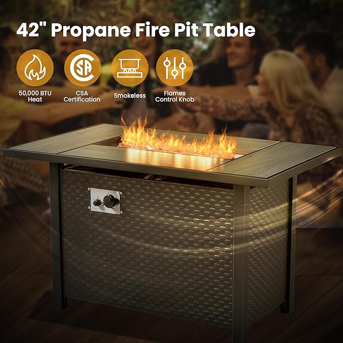 6 PCS Outdoor Patio Furniture 42in Set with Fire Pit Table, All-Weather Rattan Wicker Conversation Group with Deep Seating, Armchairs & Ottoman, High Back Comfort for Porch, Backyard, Green