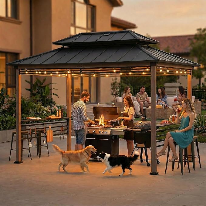 Sunjoy Wooden Grill Gazebo with Solar Power, 8 x 12 ft. Hardtop Gazebo for Year-Round Grilling, Outdoor Cedar Frame Cooking Shelter with Decorative Fence for Backyard BBQs Party, Brown