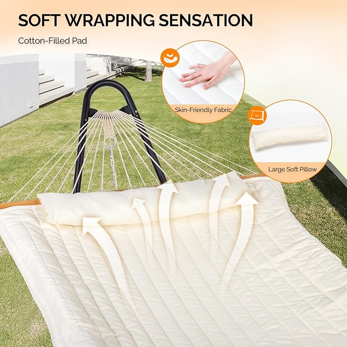 ONCLOUD Double Hammock with Stand for Outside, Rope Hammock with Pillow and Pad, Heavy Duty Hammock Set for Backyard, 550 LBS (White)