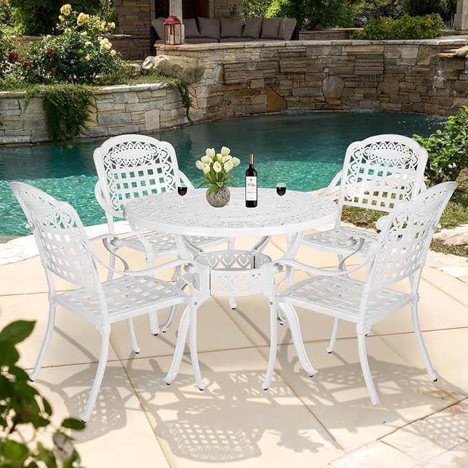 5-Piece Outdoor Patio Dining Set, All-Weather Cast Aluminum Patio Furniture Set with 4 Chairs and 38.5" Round Table for Backyard Garden Deck, 2" Umbrella Hole, White