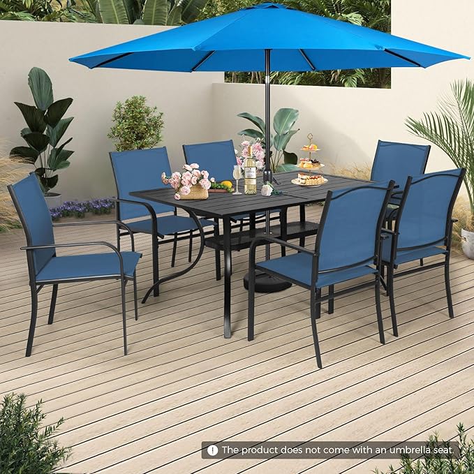 Incbruce 8 Pieces Patio Dining Set with Sky Blue Umbrella, Outdoor Dining Set of 6 Textilene Chairs and Rectangle Table with Umbrella Hole for Backyard, Garden, and Poolside (Blue)