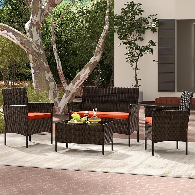 Tangkula 8 Piece Patio Rattan Conversation Set, Outdoor Wicker Furniture Set with Chair, Loveseat & Tempered Glass Table, Cozy Seat Cushions, Outside Sectional Sofa Set for Backyard (2, Orange)