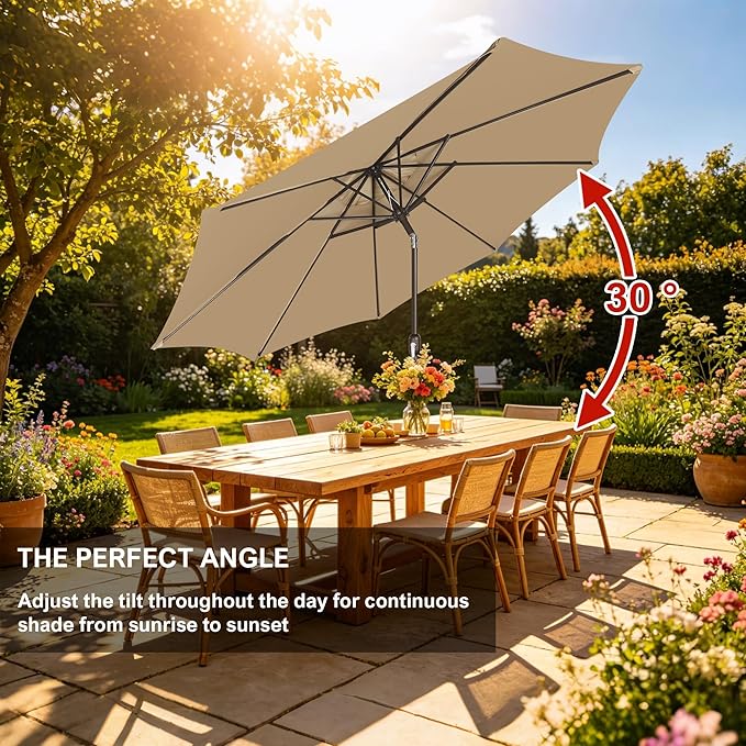Blissun 9' Outdoor Patio Umbrella, Outdoor Table Umbrella, Yard Umbrella, Market Umbrella with 8 Sturdy Ribs, Push Button Tilt and Crank