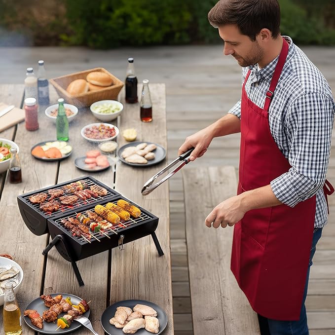 Outvita Portable Charcoal Grill with Thermometer, Dual-Sided Small Tabletop Barbecue Grill for Outdoor Camping BBQ Cooking Backyard Party, Heavy Duty, Easy Assembly (Black)