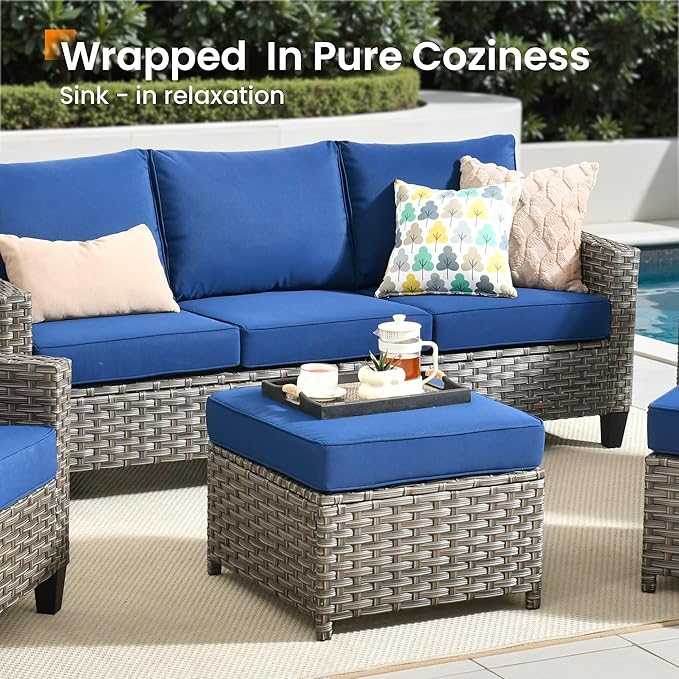 5 Pcs Patio Conversation Set for 7 Seats, Rattan Wicker Outdoor Patio Furniture Set, 2 x Single Chair, 2 x Ottoman, 3-Seat Sofa for Lawn Garden Backyard(Blue)