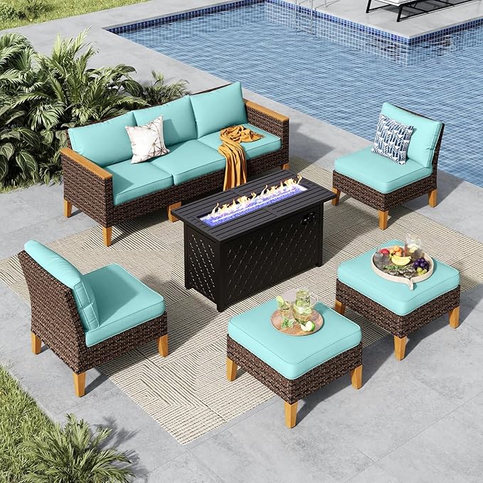 MFSTUDIO 7 Piece Wicker Patio Furniture Set with Fire Pit Table, 2 x Armless Sofa, 2 x Ottoman, 3-Seat Sofa, All-Weather Outdoor Rattan Patio Conversation Set for Garden(Aqua Blue Cushions)