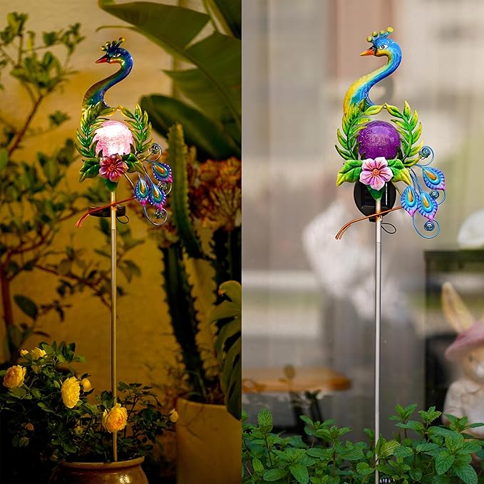 Solar Globe Lights for Yard Decoration,40.9 Inch Metal Peacock Front Porch Decor with Cracked Glass Puck Light for Patio Pathway Yard Decoration