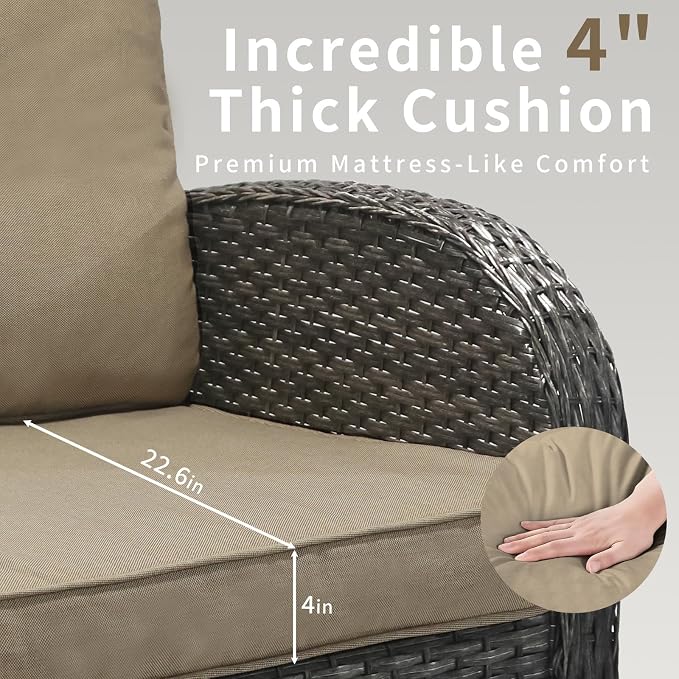 3 Piece Outdoor Swivel Rocker Patio Chairs, All-Weather Rattan Chair, Wicker Glider Patio Furniture Set with Side Table, for Garden, Backyard, Deck, Gray Rattan & Khaki Cushions
