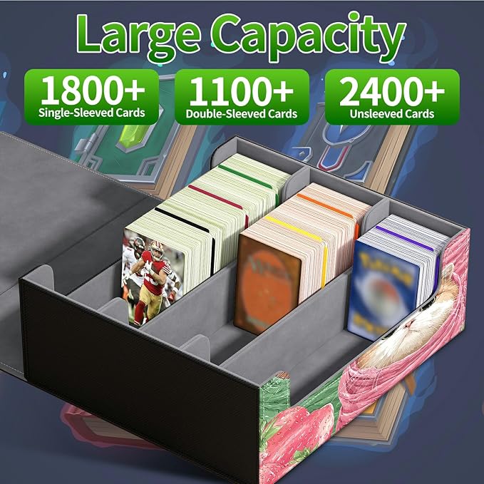 Large Card Deck Box for MTG, Fits 1200+ Sleeved Cards, PU Leather Storage Case with Strong Magnetic Closure, Multiple Colors for TCG CCG Baseball Card Collections, Moon Orange Mushroom