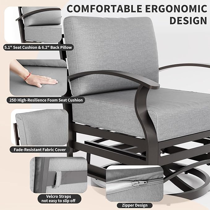 Gotland Outdoor Furniture, Metal Outdoor Swivel Chair with 5.1’’ High-Resilience Seat Cushions 6.2’’ Thick Back Pillow 29.5’’ Deep Seat Removable Cushions, Patio Furniture for Lawn, Porch