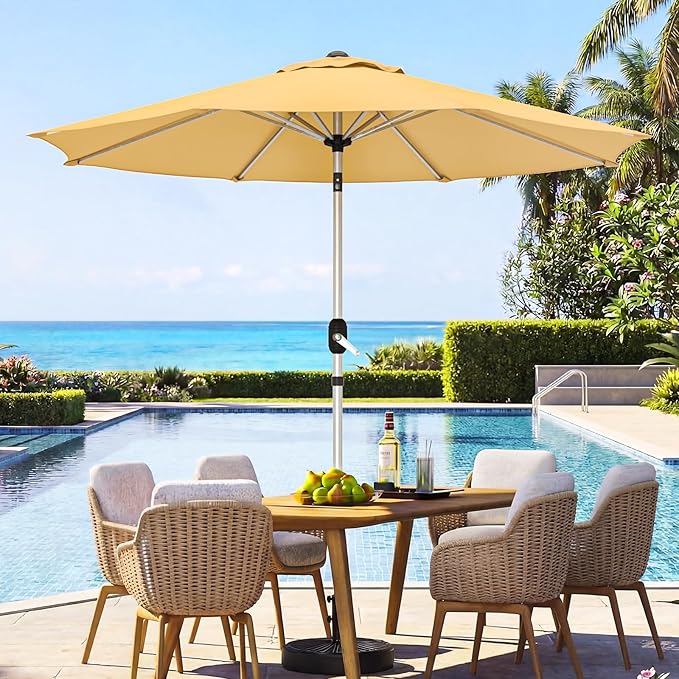 9FT Aluminum Outdoor Patio Umbrella, Fade-Resistant Market Umbrella with Push Button Tilt Function, 8 Sturdy All-Aluminum Ribs for Gardens, Patios, Backyards & Pools
