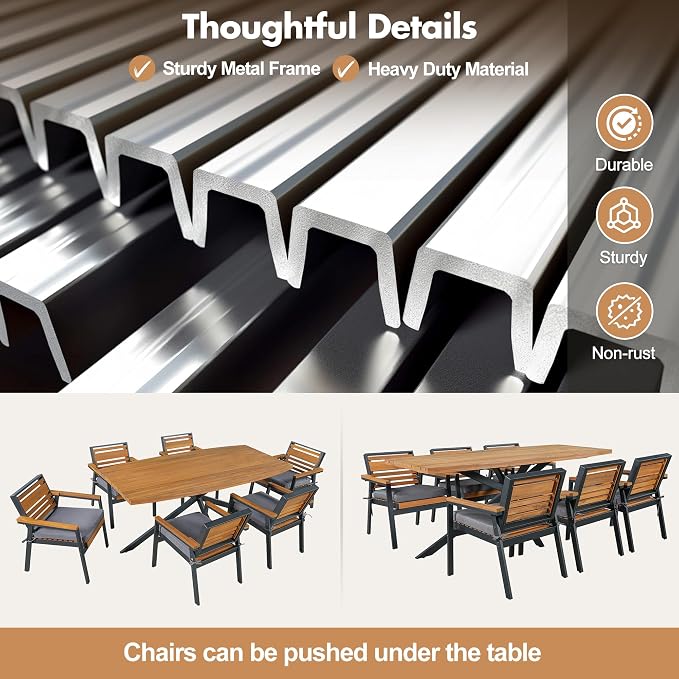 7 Pieces Metal Patio Dining Table Set with Acacia Wood, 74.8" Large Dinner Table, 6 Chairs with Dual-Layer Iron and Detachable Cushions, Outdoor or Indoor Furniture for Garden or Backyard, Black Gray