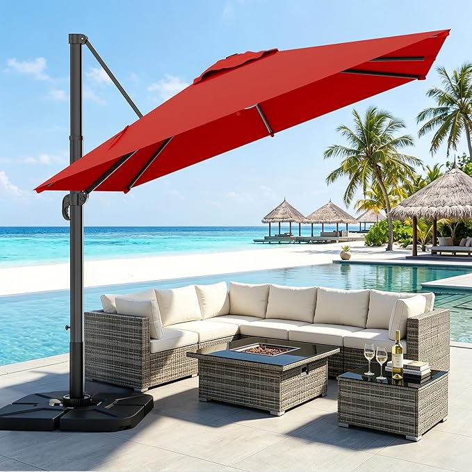 AreShark 10 X 10 FT Cantilever Patio Umbrella, 360-Degree Rotation Square Hanging Offset Umbrella with Crank, Heavy Duty Patio Umbrella for Patio, Pool, Garden, Deck, Red
