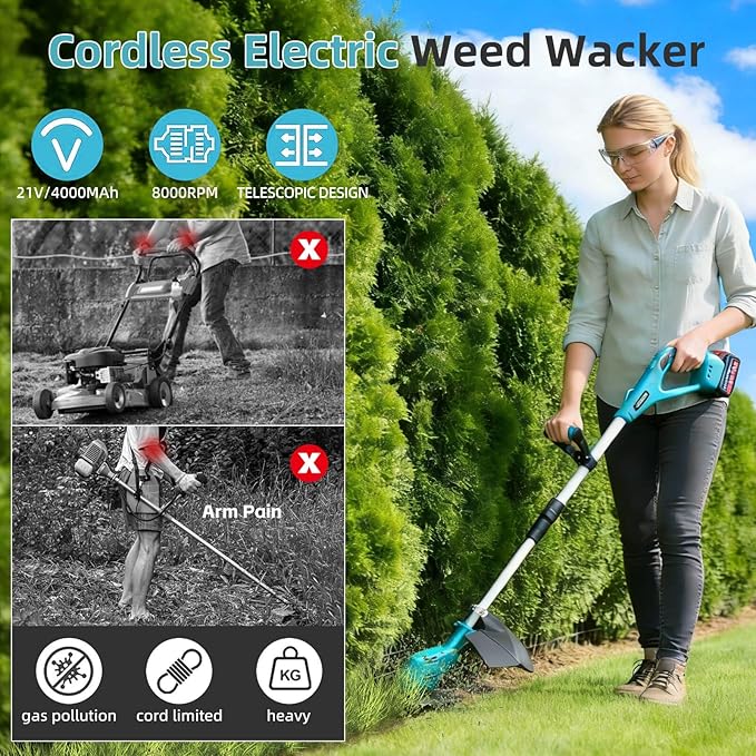 3- in-1 Electric Weed Eater, Brushless Weed Wacker Cordless, Brush Cutter with 2Pcs 4.0Ah Batteries, 1200W Motor, 6 Blades, Battery Powered Grass/String Trimmer Lawn for Yard and Garden