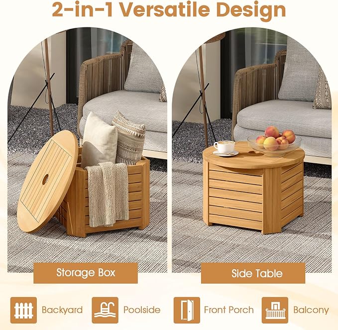 Tangkula 2-in-1 Outdoor Side Table with Storage, Acacia Wood Slatted Coffee Table with Umbrella Hole & Removable Base, Round Slatted End Storage Box for Backyard, Poolside