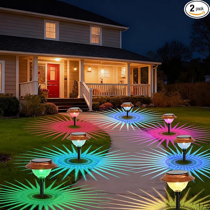 Solar Lights Outdoor 2 Pack Waterproof Solar Christmas Lights Outdoor Multiple Colors LED Iron Stake for Pathway Yard Garden Driveway Outside Decor