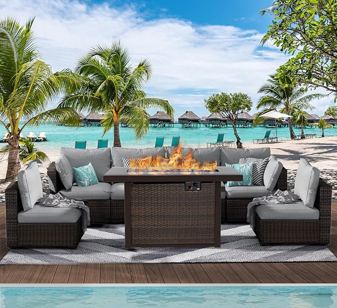 Patio Furniture Set with Fire Pit Table, Outdoor Sectional Rattan Sofa Set, Patio Set Seating Furniture with Thickened Cushions (Gray, 7 Pieces)