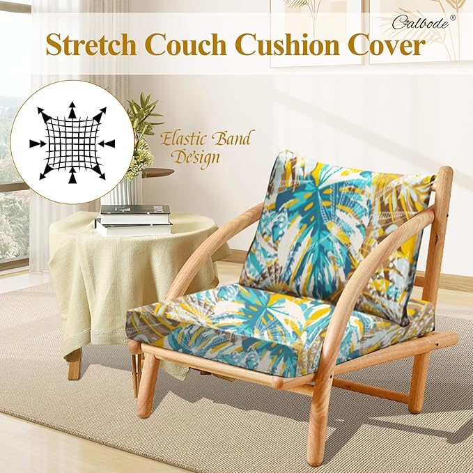CALBODE 12pcs Outdoor Tropical Plant Printed Sofa Seat Cushion Covers Strechable, Dustproof Elastic Half-Covered Sofa Covers Washable Reusable Patio Furniture Protector（Blue and Yellow, Cover Only）