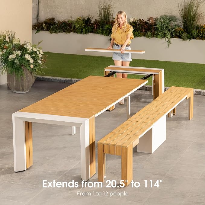 Transformer Table - Extendable Outdoor Dining Set, up to 12 Expandable Patio Table, Seats, Weather-Resistant Patio Furniture, Light Oak, Natural (Table + 2 Benches)