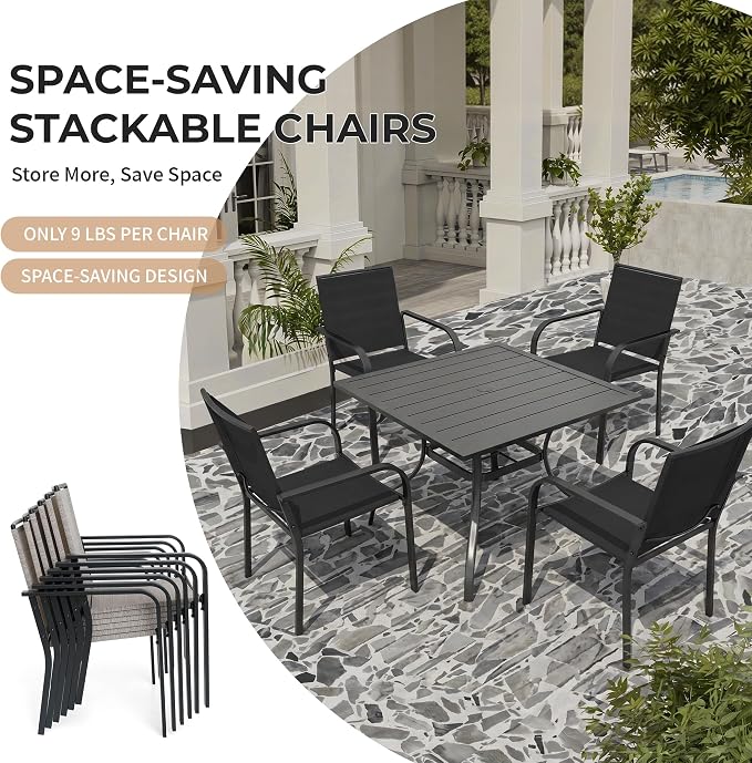 Anmutig 5 Piece Patio Dining Set, Outdoor Black Stackable Chairs and 35" Square Metal Patio Table with 1.57" Umbrella Hole for Garden Backyard Deck, Black
