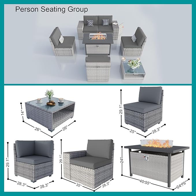 7-Piece Patio Furniture Set, Outdoor Patio Conversation Set with 60,000 BTU Fire Pit Table, PE Rattan Wicker Sectional Sofa with Large Capacity Seats, Widened Armrests, Extra High Backrest, Grey