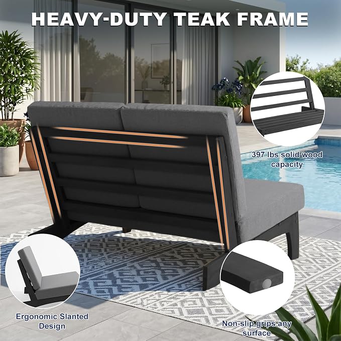 Pia Ricoo 4 Piece Patio Furniture Sets, Outdoor Loveseat Sofa Set with 2 Chairs & Coffee Table, Patio Conversation Set for Backyard, Deck, Lawn, Gray, Dark Wood