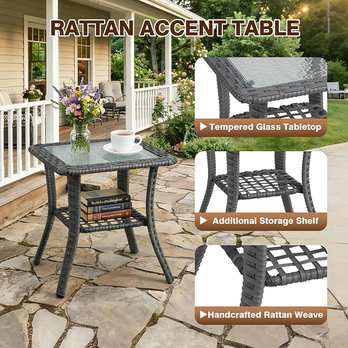 5 Piece Patio Furniture Set, Comfortable Seating Wicker Chairs Set of 2,Outdoor Side Tale and 2 Ottomans, All-Weather Wicker Patio Set with 6 Inch Thick Cushions for Porch Deck Balcony Garden