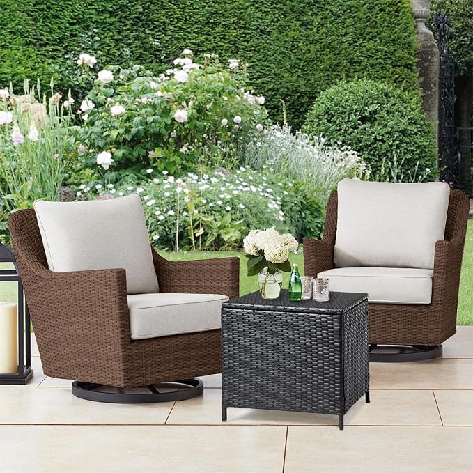 HOMSUPPLIE'S 27 Gallon Outdoor Side Table with Storage Space, Waterproof Wicker Patio Deck Box, Rattan End Table with Hidden Storage for Pool Towels, Toys & Garden Tools(Black,Square)