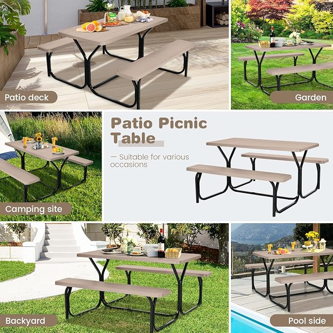 DORTALA Plastic Picnic Table for Outdoors, All Weather Faux Wood Patio Picnic Table Set with Benches for Outdoor, Cafeteria and Commercial, Brown