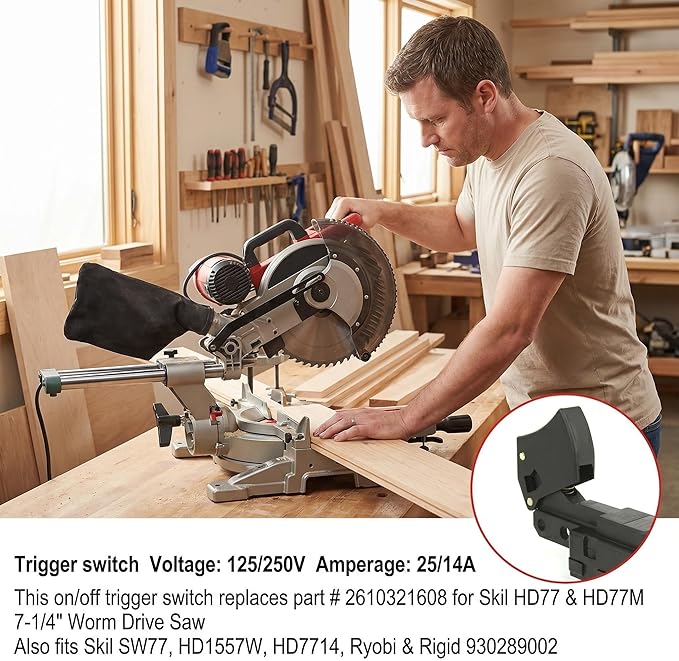 Electric SW77 trigger switch 20-amp, compatible with Skil HD77 and HD77M chainsaw switches, can replace Skil 2610321608, Ryobi and Ridgid 760245002