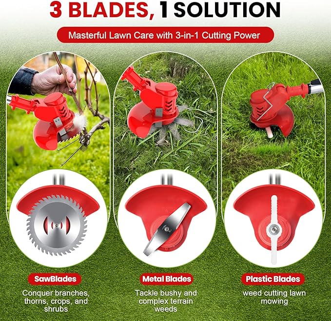 Electric Weed Wacker Cordless Weed Eater Battery Powered 21V, 4-in-1 Brush Cutter/String Trimmer/Grass Trimmer/Lawn Mower, 6 inch Lightweight Edger Stringless Weed Trimmer with Blade, 2 Battery