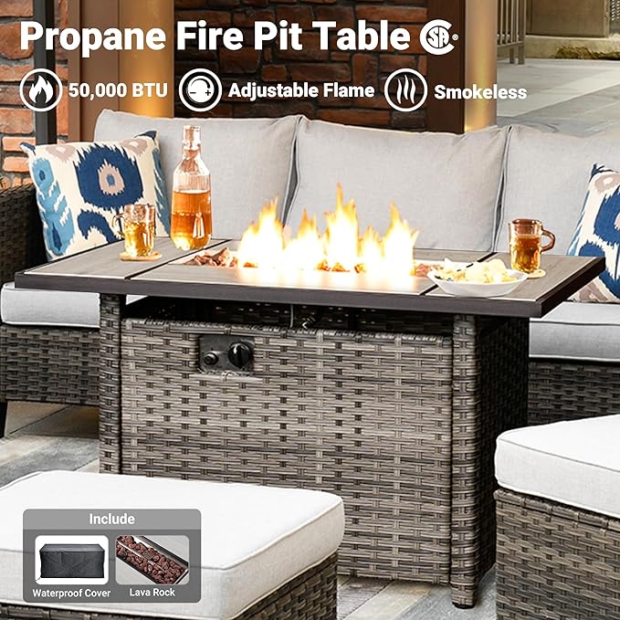 ovios 5 Pieces Patio Furniture Set, Outdoor Wicker Rattan Sofa Couch with 42" Fire Pit Table, Loveseat Chairs, Conversation Sets for Yard Porch Garden, Grey