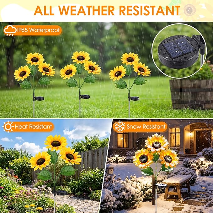 Solar Sunflowers Outdoor Waterproof, 3 Pack Solar Flowers Stake Lights with 9 Big Realistic LED Sunflower for Yard, Garden, Cemetery Grave, Lawn, Flower Pot, Fall Outside Decorations (Sunflowers)