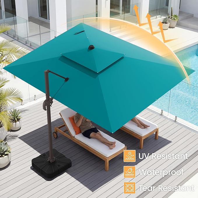 HASLE OUTFITTERS 9x12 FT Patio Cantilever Umbrella, Outdoor Offset Large Rectangular Heavy Duty Double Top Umbrellas with 360° Rotation for Pool Garden Deck，Turquoise