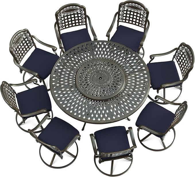 VIVIJASON 9-Piece Outdoor Furniture Dining Set, Rust-Free Cast Aluminum Patio Conversation Set, Include 8 Swivel Dining Chairs & 61" Round Dining Table with 31" Lazy Susan, Umbrella Hole, Navy Blue