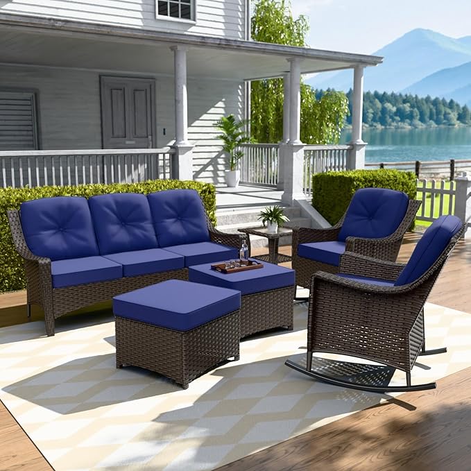 Stone Creek Outdoor Furniture Set with Rocking Chairs, 3 Seater Couch, Side Table & Ottomans, Wicker Patio Conversation Set, Balcony Furniture, 6 Piece, Brown/Blue