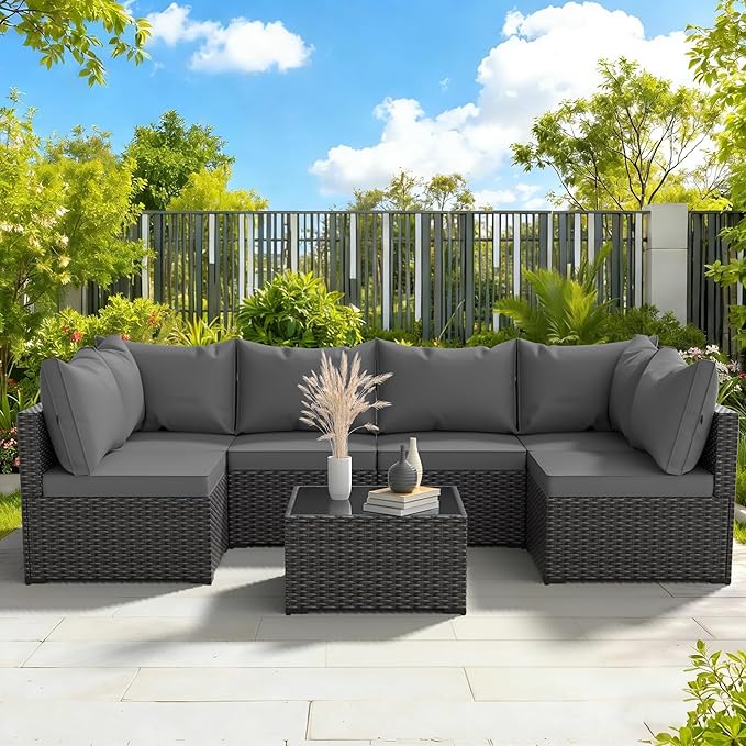 Patio Furniture Set, 7PCS Outdoor Sectional PE Rattan Patio Conversation Set w/Thickened Cushion Patio Sectional Modular Wicker Patio Sofa Set w/Coffee Table for Balcony, Backyard (Grey)